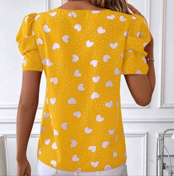 Casual Heart & Polka Dot Print Puff Sleeve Blouse - Picture 2 of 4